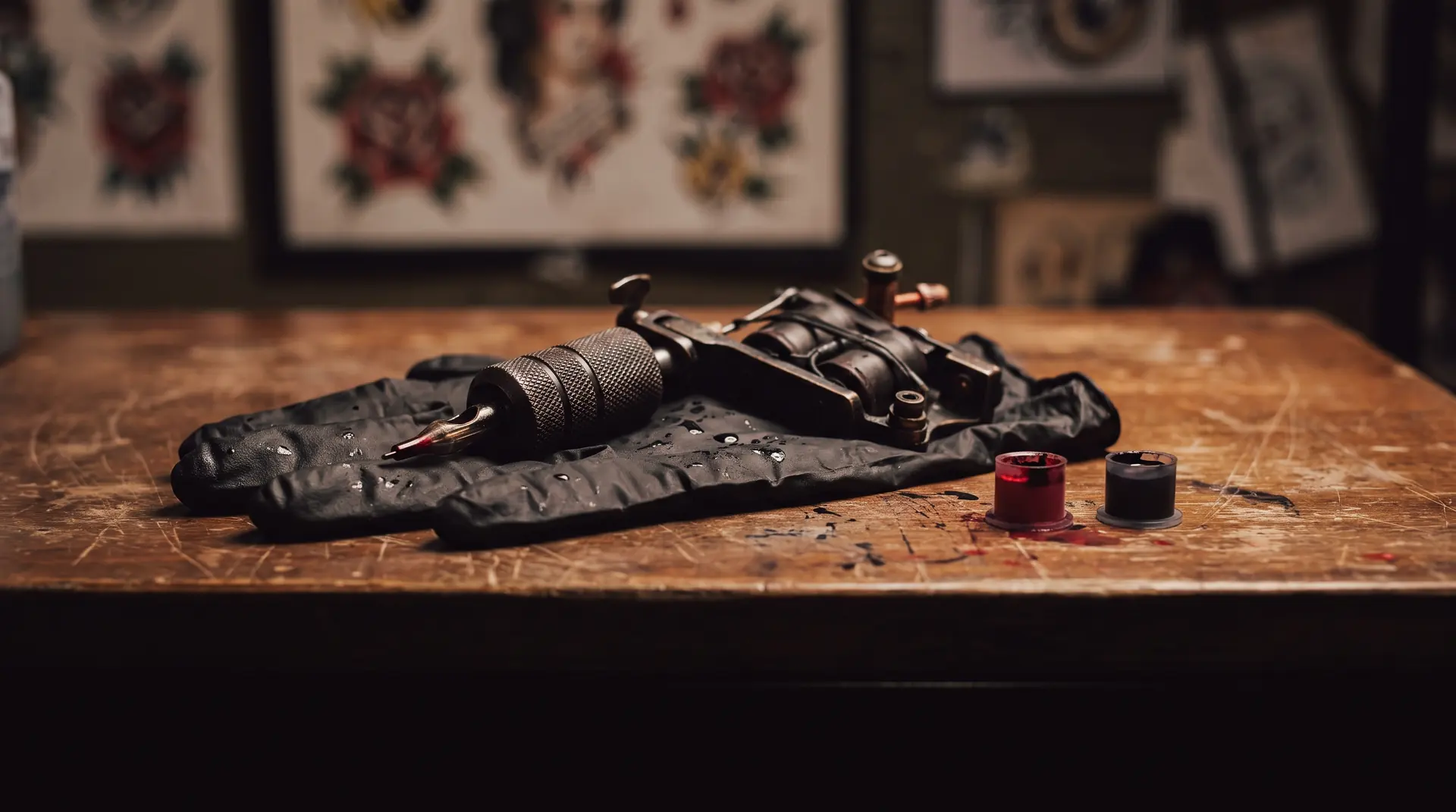 A tattoo machine resting beside red and black ink caps at Kabloom
